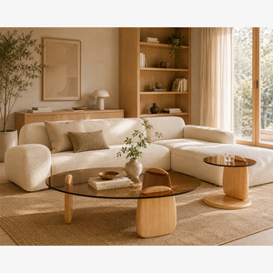 Modern Smoked Glass Coffee Table Set – Solid Wood Nesting Coffee Table & Side Table