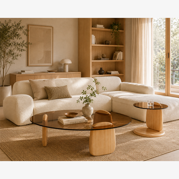 Modern Smoked Glass Coffee Table Set – Solid Wood Nesting Coffee Table & Side Table