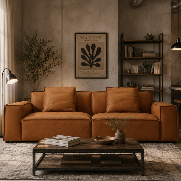 Modern Saddle Brown Leather Sofa - Low Profile Chunky Block Couch - 3-Seater Cognac Leather Sofa with Raw Seam Detailing for Living Room