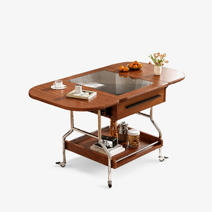 Modern Drop Leaf Coffee Table with Storage Drawer & Glass Top – Rolling Expandable Wood Coffee Table