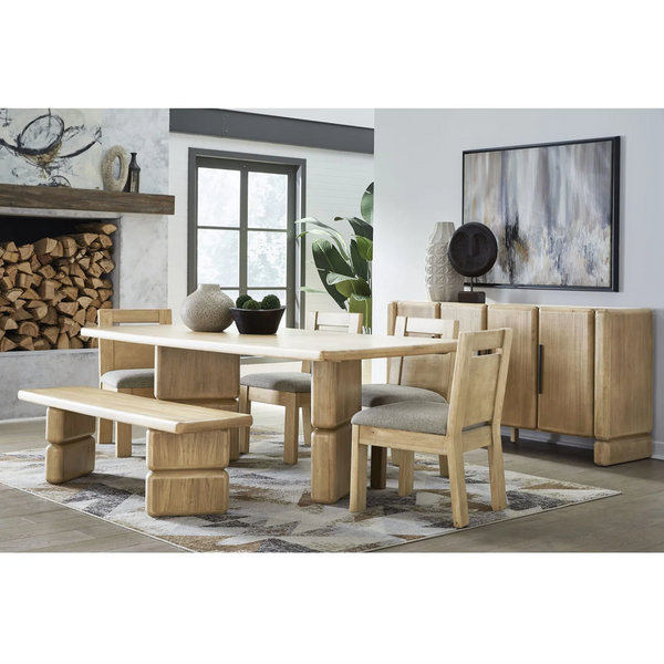 Modern Natural Wood Dining Chair with Textured Fabric Seat | Minimalist Side Chair
