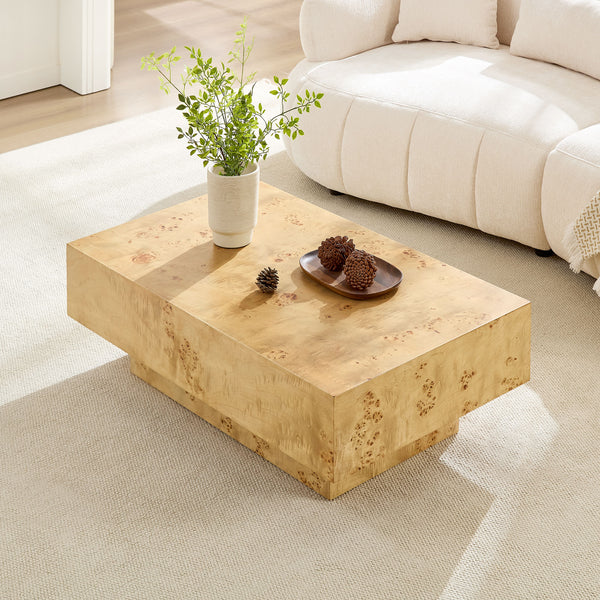 43.31 Inch Burl Wood Veneer Coffee Table,Rectangle Mid-Century Modern Table for Living Room,Coffee Table with Sturdy MDF Pedestal for Office,Apartment,Natural