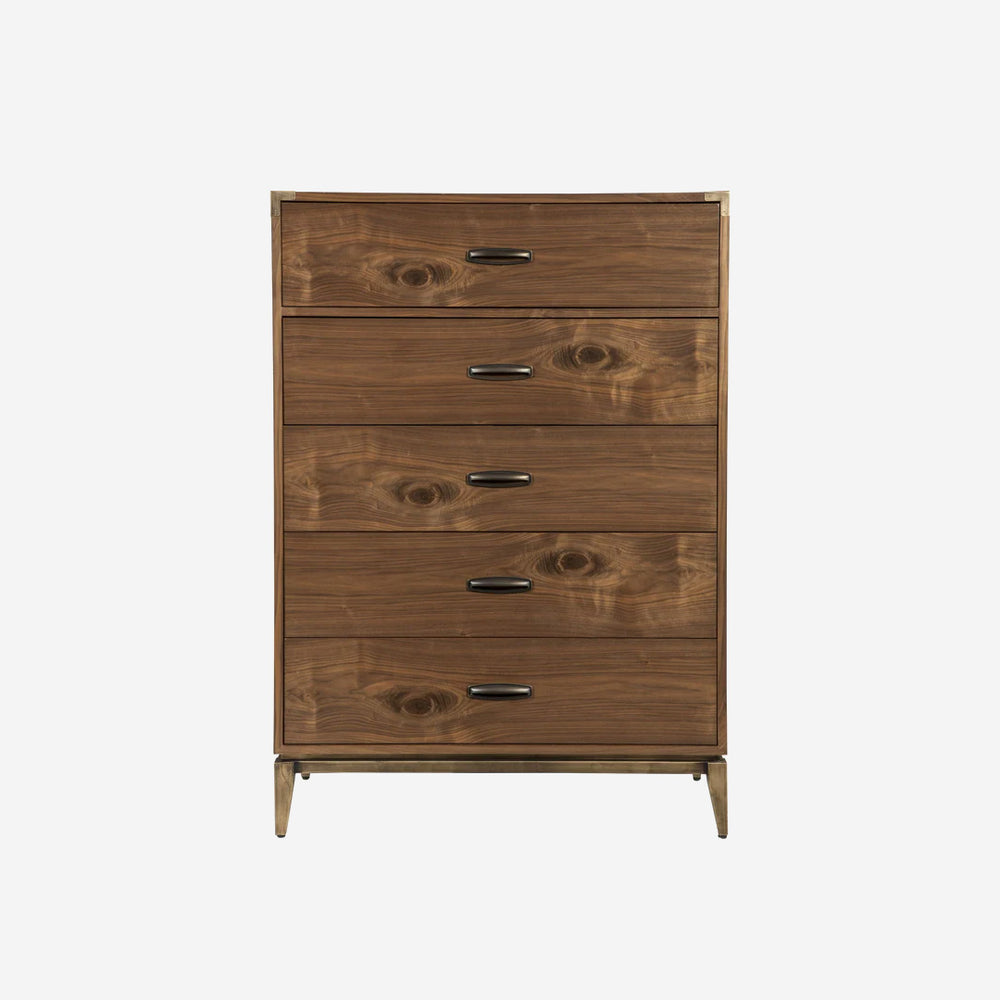 Modern Walnut 2-Drawer Nightstand – Industrial Bedside Table with Metal Accents – Mid-Century Modern Bedroom End Table