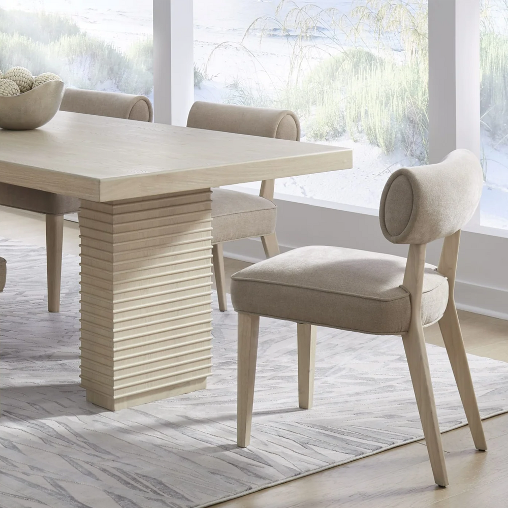 Modern Oatmeal Upholstered Dining Chair with Curved Backrest | Scandi Wood Leg Side Chair