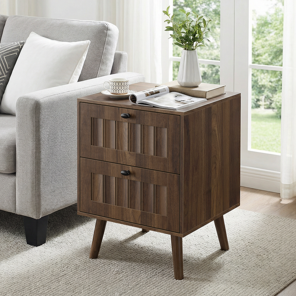 Medieval-style modern double-drawer bedside table with solid wood legs, bedroom bedside table, bedroom side table, 15.75 x 15.75 x 22.64 inches, walnut color, 2-pack