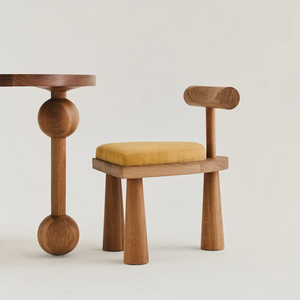 Sculptural Japandi Wood Dining Chair with Mustard Upholstered Seat