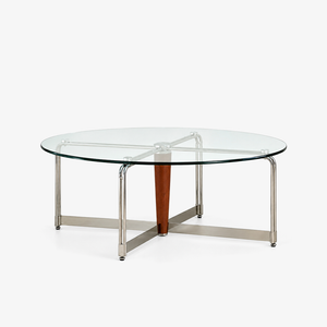 Modern Round Glass Coffee Table with Chrome Frame & Solid Wood Center Base
