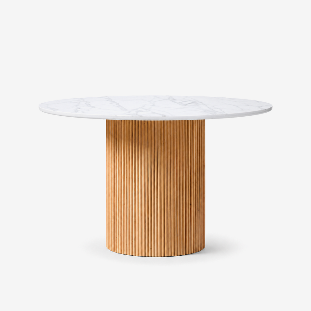 Modern Roman Column Round Dining Table – White Sintered Stone Top & Solid Wood Fluted Pedestal