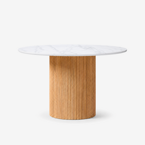 Modern Roman Column Round Dining Table – White Sintered Stone Top & Solid Wood Fluted Pedestal