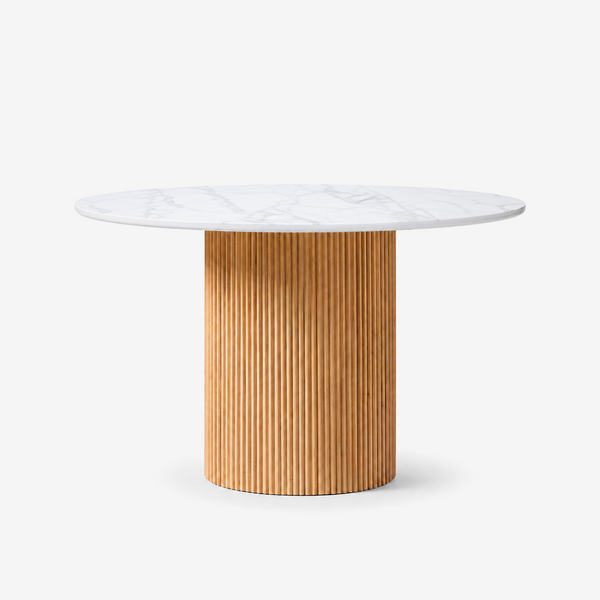 Modern Roman Column Round Dining Table – White Sintered Stone Top & Solid Wood Fluted Pedestal