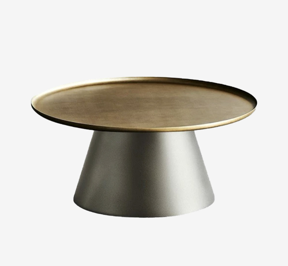 Modern Round Metal Coffee Table | Bicolor Antique Brass & Gunmetal Finish | Minimalist Pedestal Side Table with Tray Top