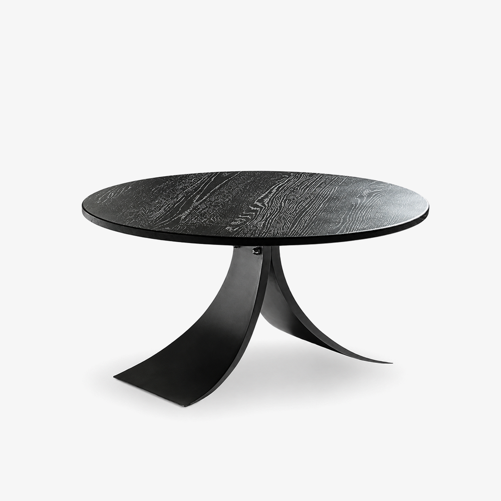 Modern Round Black Wood Coffee Table – Sculptural Pedestal Center Table for Living Room