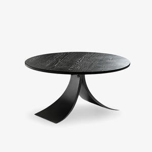 Modern Round Black Wood Coffee Table – Sculptural Pedestal Center Table for Living Room