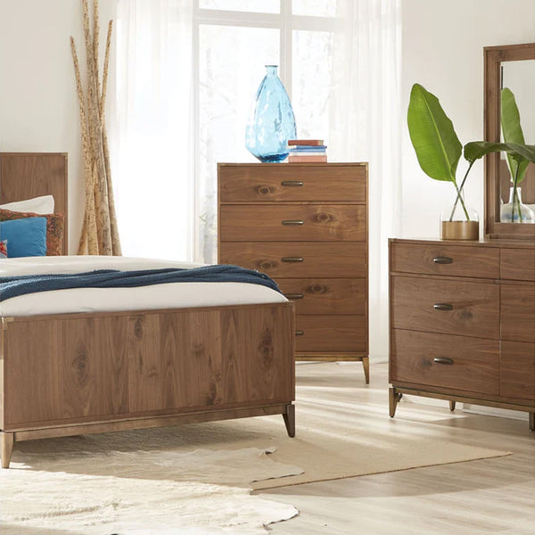 Modern Walnut 2-Drawer Nightstand – Industrial Bedside Table with Metal Accents – Mid-Century Modern Bedroom End Table