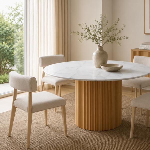 Modern Roman Column Round Dining Table – White Sintered Stone Top & Solid Wood Fluted Pedestal