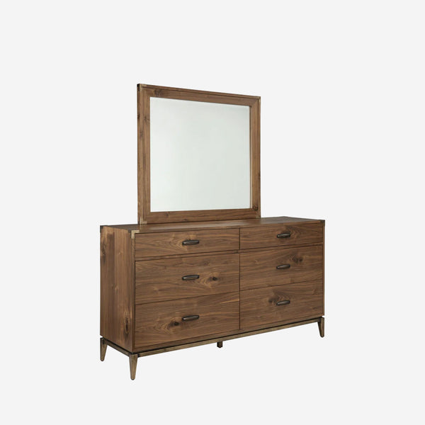 Mid-Century Modern 6-Drawer Dresser – Walnut Finish Wood Bedroom Chest – Industrial Metal Base Storage Sideboard