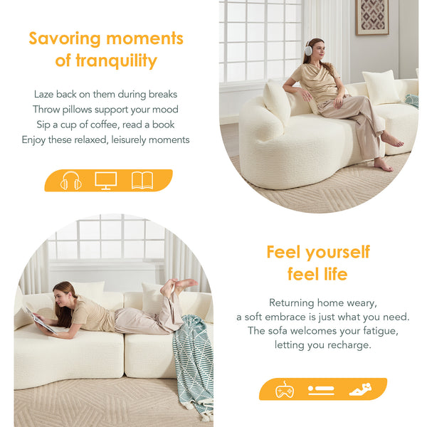 Curved Boneless Sofa,Compression Modular 110'' Sectional,White High-Density,Couches Sleeper for Living Room Bedroom Apartment Lounge,Chenille
