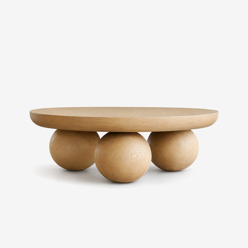 Modern Round Wood Coffee Table with Three Sphere Base – Sculptural Center Table