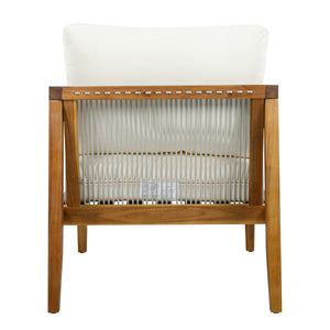 Outdoor Club Chair (Set of 1), Acacia Wood Frame with Rope Back, Water-Repellent Beige Cushions for Patio/Backyard/Deck, Teak Finish