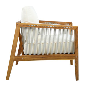Outdoor Club Chair (Set of 1), Acacia Wood Frame with Rope Back, Water-Repellent Beige Cushions for Patio/Backyard/Deck, Teak Finish