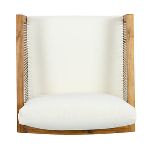 Outdoor Club Chair (Set of 1), Acacia Wood Frame with Rope Back, Water-Repellent Beige Cushions for Patio/Backyard/Deck, Teak Finish