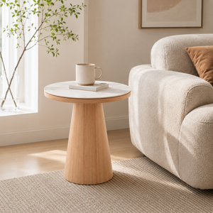Modern Round Marble Top Side Table – Wood Pedestal Accent End Table