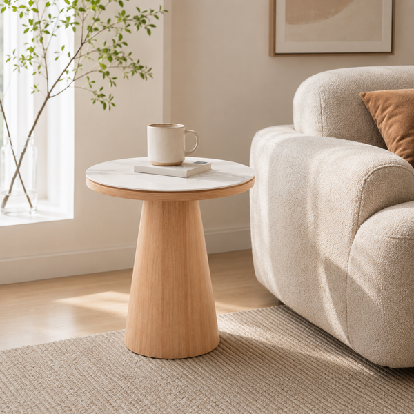 Modern Round Marble Top Side Table – Wood Pedestal Accent End Table