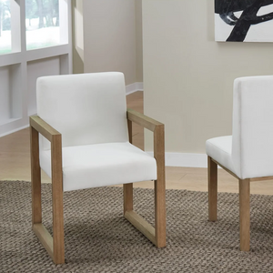 Modern Solid Wood Dining Armchair with White Linen Upholstery