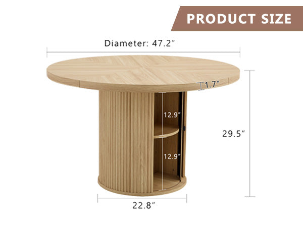 47.2-inch round wooden-style dining table with double-layer storage design and Roman column shape - featuring classic wood grain finish, it creates an eternal and elegant atmosphere for your living