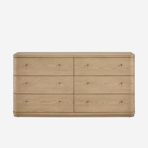 Natural Oak 6-Drawer Double Dresser | Modern Wood Bedroom Chest with Rounded Corners