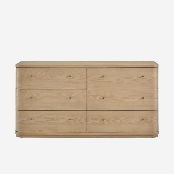Natural Oak 6-Drawer Double Dresser | Modern Wood Bedroom Chest with Rounded Corners