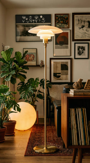 Mid-Century Modern Gold Floor Lamp | PH-Inspired Layered Opal Glass Standing Light | Danish Design Brass Lamp