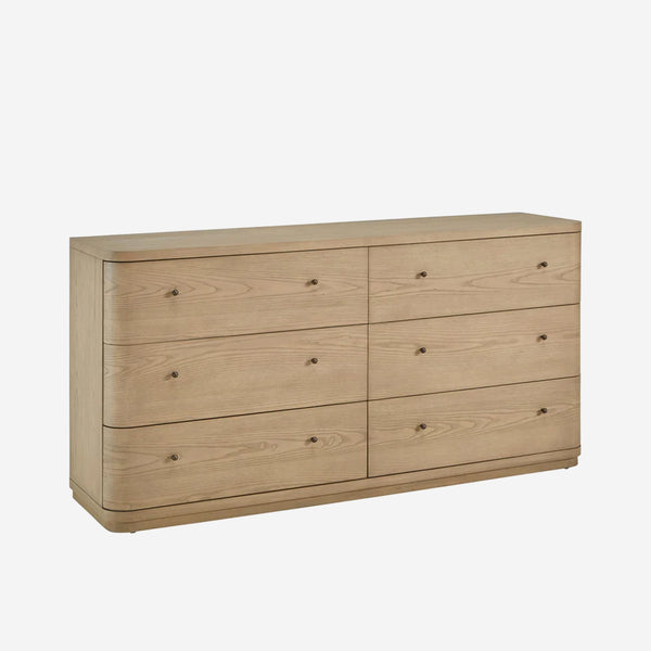 Natural Oak 6-Drawer Double Dresser | Modern Wood Bedroom Chest with Rounded Corners