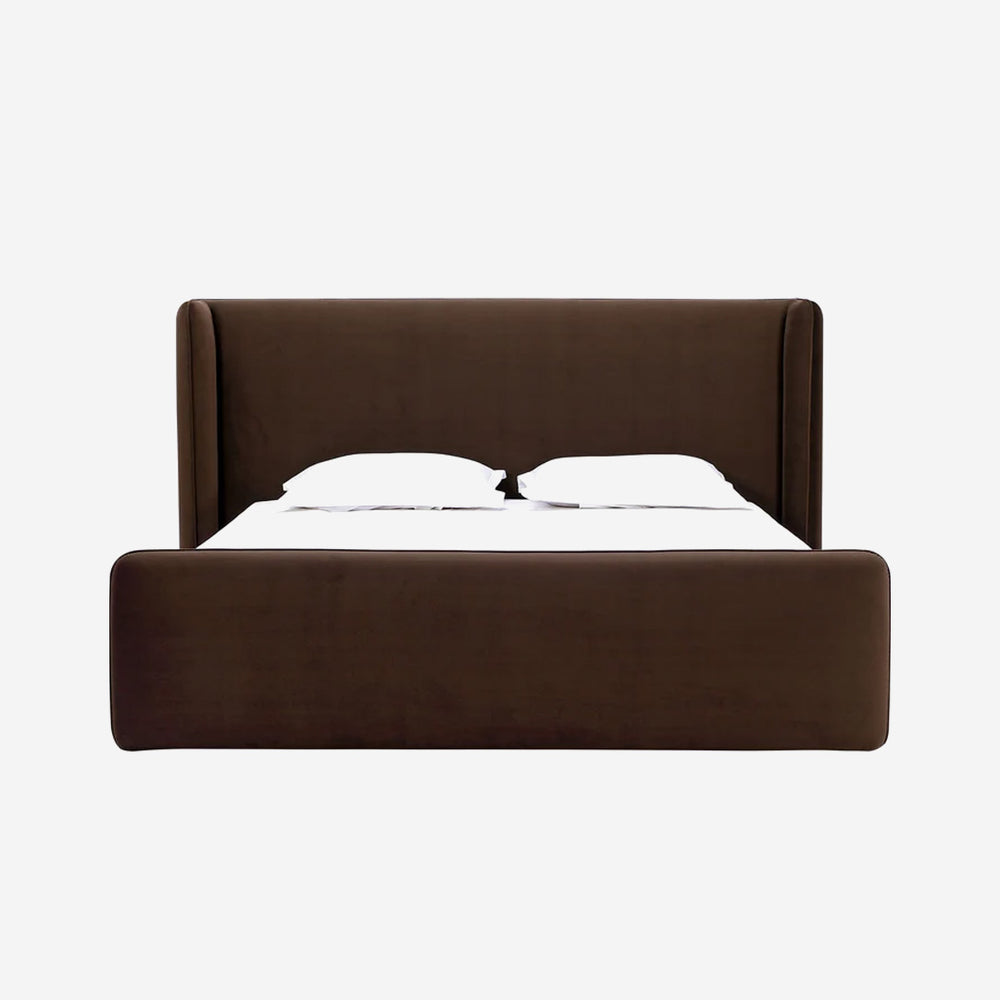 Queen Size Bacall Velvet Upholstered Wingback Platform Bed in Cola