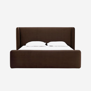 Queen Size Bacall Velvet Upholstered Wingback Platform Bed in Cola