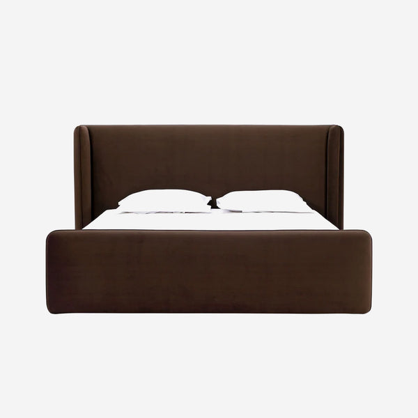 Queen Size Bacall Velvet Upholstered Wingback Platform Bed in Cola
