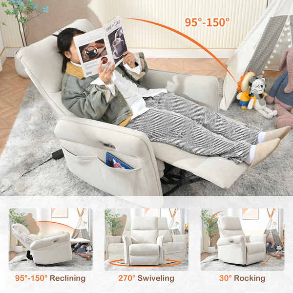 270° Power Swivel Rocker Recliner Chair for Adults, Swivel Rocking Recliner Chair,Electric Small Recliners for Small Spaces, Single Sofa Recliner for Living Room, Bedroom,RV (Fabric Gray+270°Swivel)