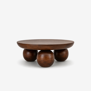 Modern Round Wood Coffee Table with Three Sphere Base – Sculptural Center Table