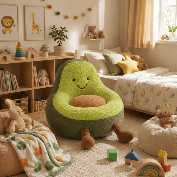 Cute Avocado Plush Kids Lounge Chair – Kawaii Stuffed Floor Seat for Nursery & Playroom