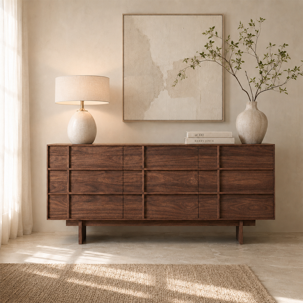 Mid-Century Modern Walnut Wide Dresser with Geometric Drawer Fronts