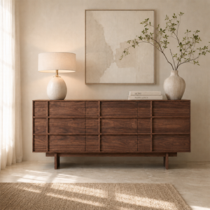Mid-Century Modern Walnut Wide Dresser with Geometric Drawer Fronts