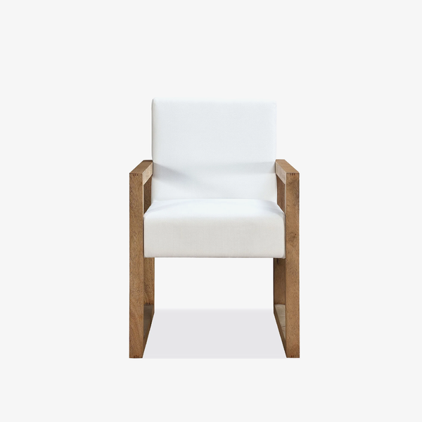 Modern Solid Wood Dining Armchair with White Linen Upholstery