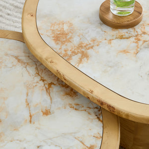 Irregular Coffee Table set, 2pcs burl Wood Veneer Coffee Table,Sintered Stone Tabletop Table with Sturdy MDF Pedestal, Rounded Sofa Side Table for living Room,Office
