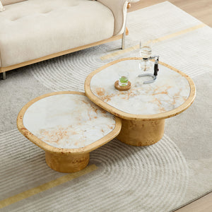 Irregular Coffee Table set, 2pcs burl Wood Veneer Coffee Table,Sintered Stone Tabletop Table with Sturdy MDF Pedestal, Rounded Sofa Side Table for living Room,Office