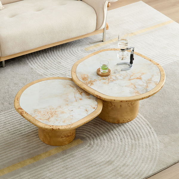 Irregular Coffee Table set, 2pcs burl Wood Veneer Coffee Table,Sintered Stone Tabletop Table with Sturdy MDF Pedestal, Rounded Sofa Side Table for living Room,Office