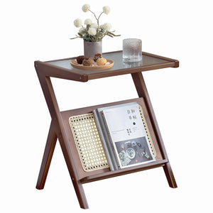 Rattan Nightstand Side Table, Bamboo Accent Bedside Tables, Glass Coffee Tables, Boho End Table with Storage for Small Space Living Room Bedroom, Brown