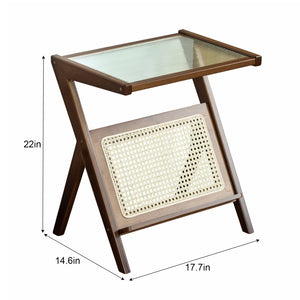 Rattan Nightstand Side Table, Bamboo Accent Bedside Tables, Glass Coffee Tables, Boho End Table with Storage for Small Space Living Room Bedroom, Brown