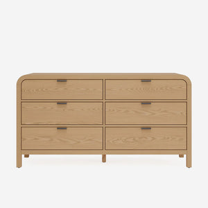 Natural Oak 6-Drawer Double Dresser | Modern Wood Sideboard with Rounded Corners
