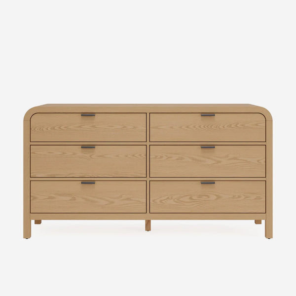 Natural Oak 6-Drawer Double Dresser | Modern Wood Sideboard with Rounded Corners