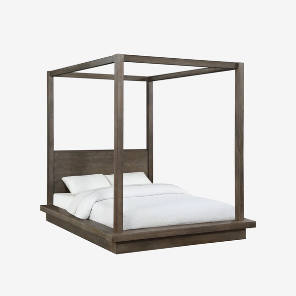 Modern Solid Wood Canopy Bed with Platform Base - Weathered Grey Finish Four-Poster Bed